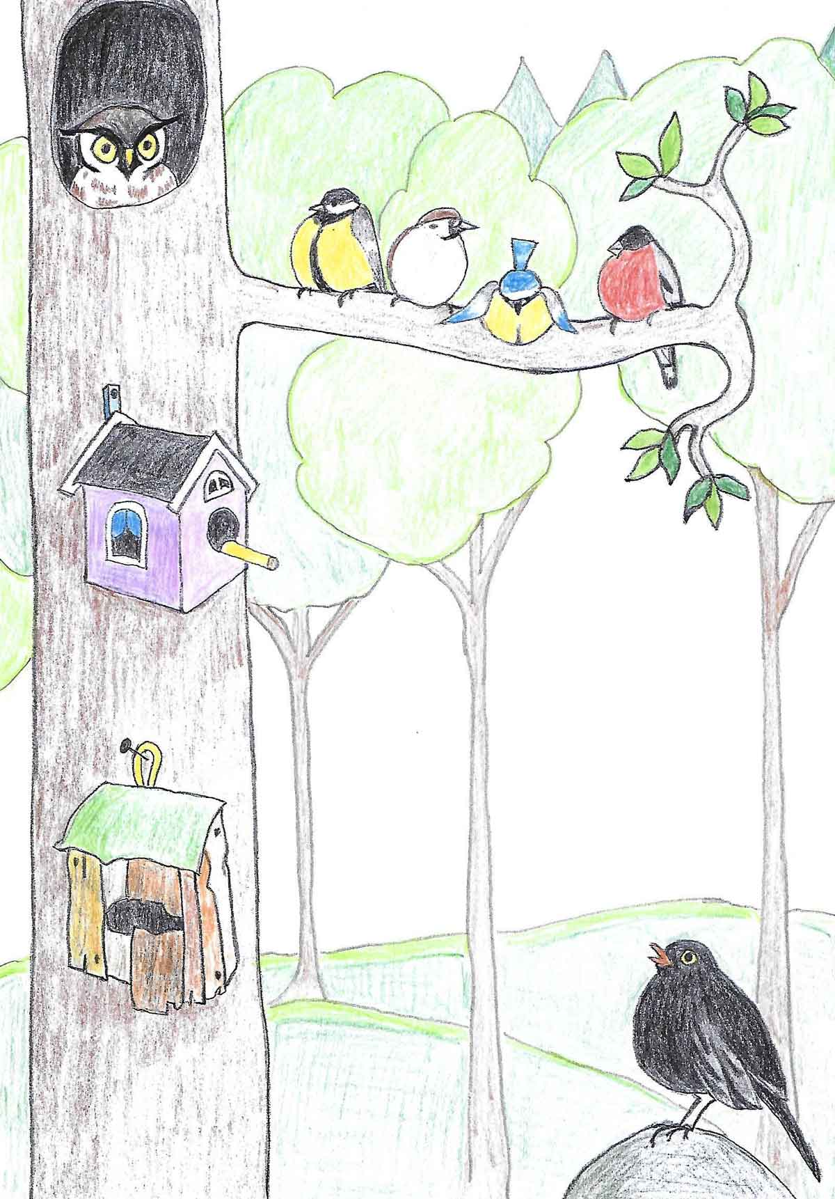 En tecknad bild av ett träd med fågelholkar med en massa fåglar och ugglor.