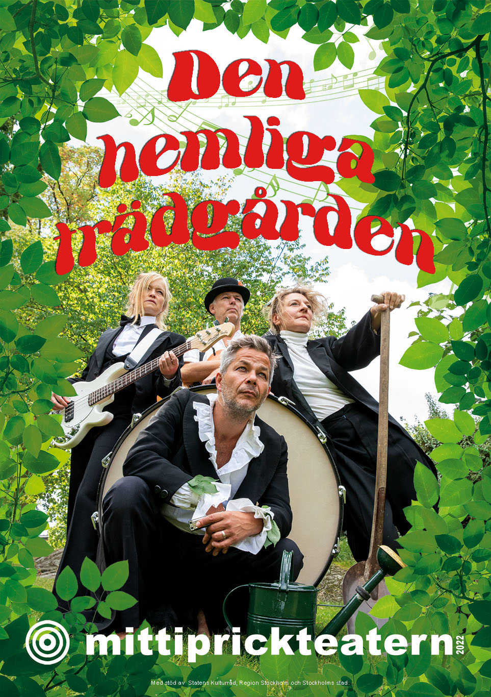 En poster för föreställningen Den hemliga trädgården. Fyra personer som står ute i det gröna med instrument.
