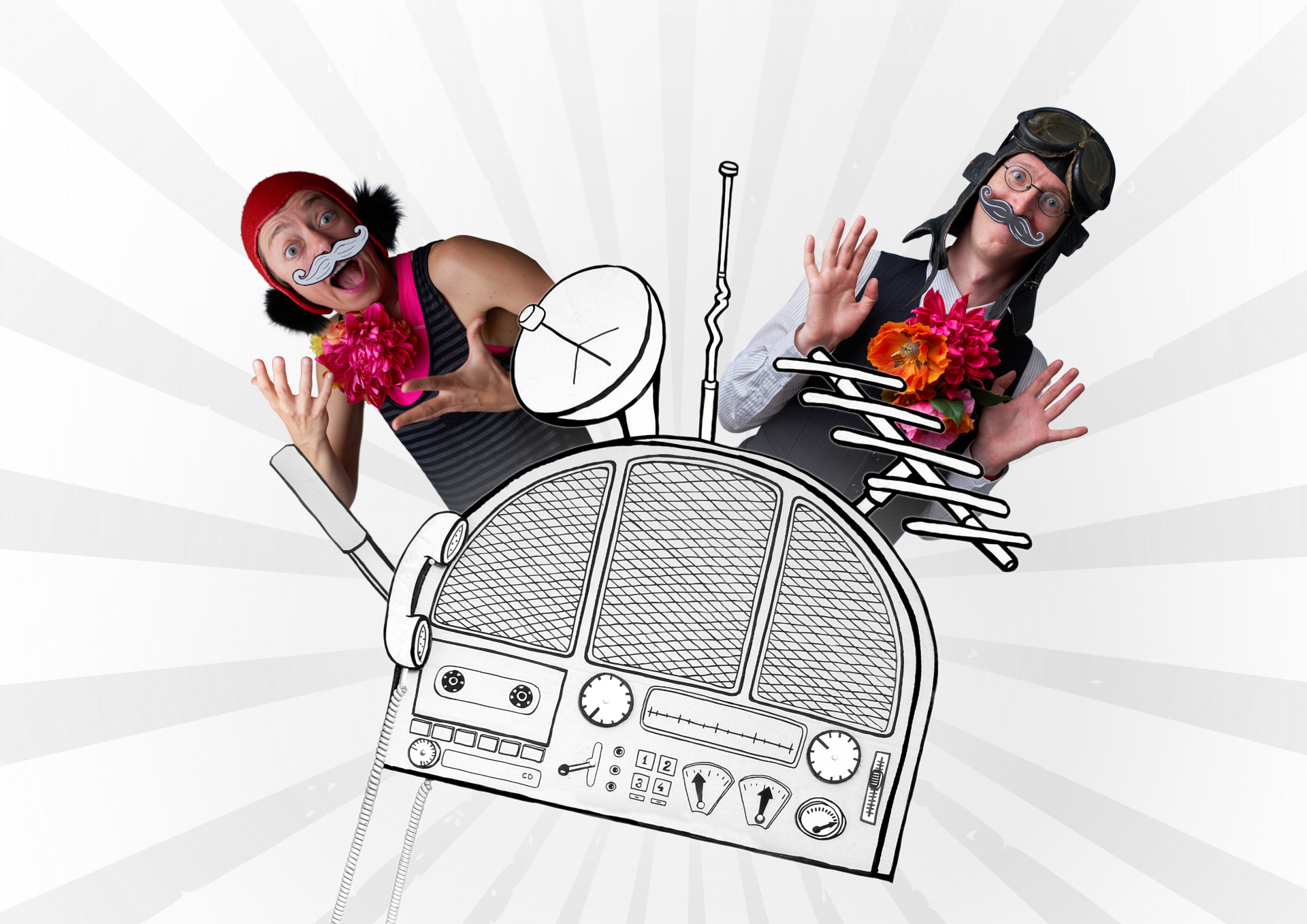 En bild på två clowner framför en tecknad radio