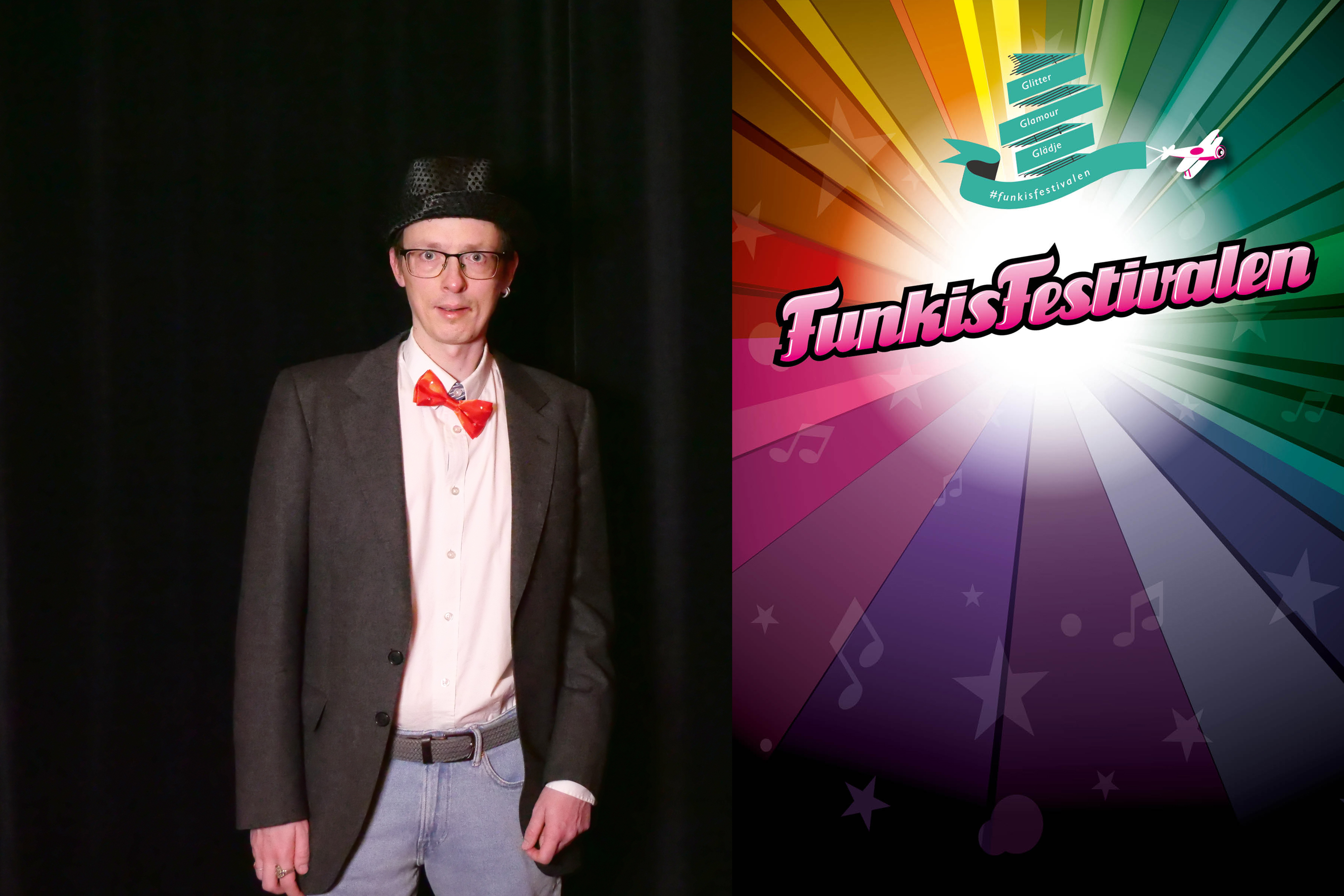 En bild på en kille bredvid en roll-up med Funkisfestivalens logga