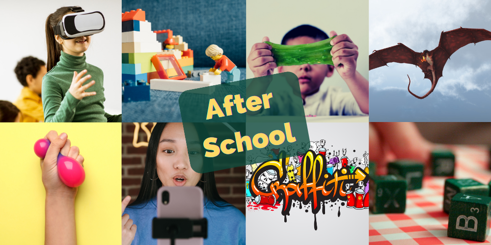 Collage av 8 olika bilder i en. Textruta i mitten där det står After School