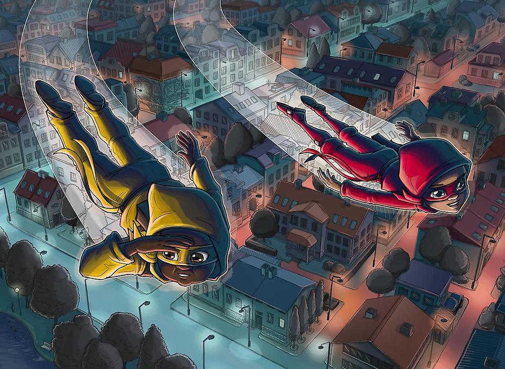 Illustration på två barn utklädda till superhjältar flyger ovan en stad.