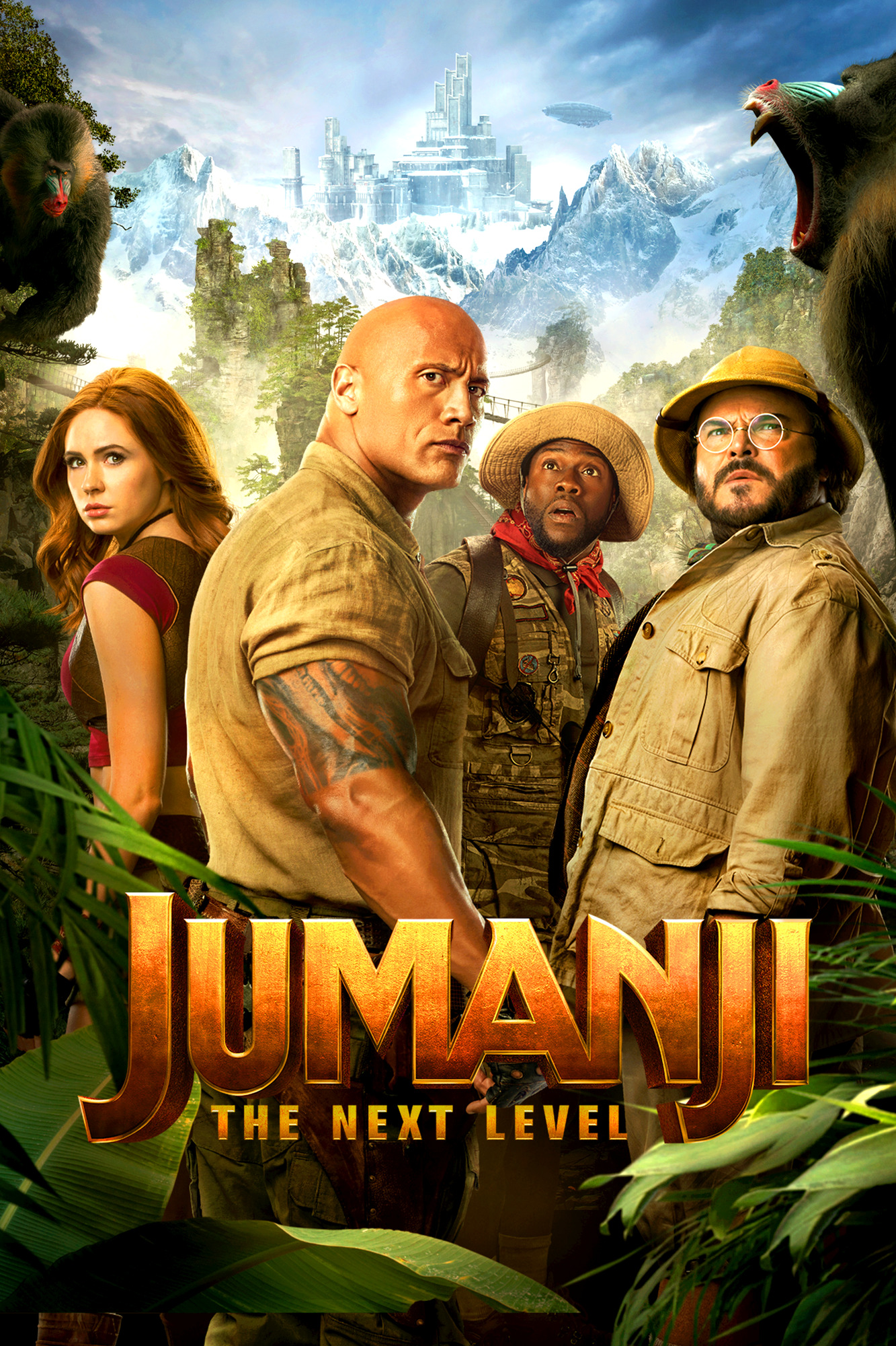 Tre personer i djungeln iklädda äventyrskläder ur filmen Jumanji-The next level