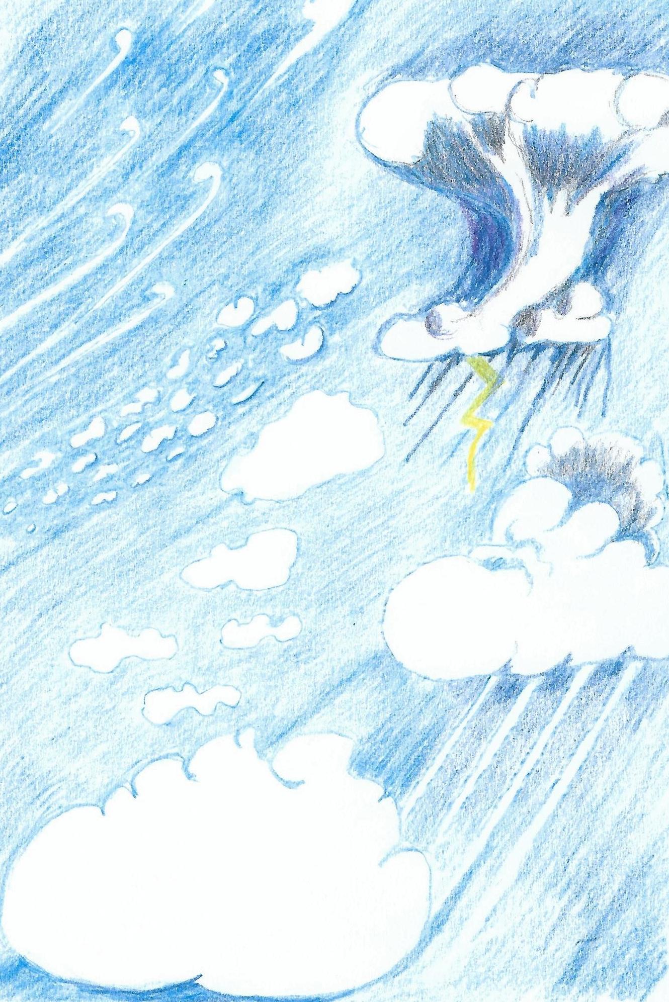 En illustrerad bild av olika moln och väder.