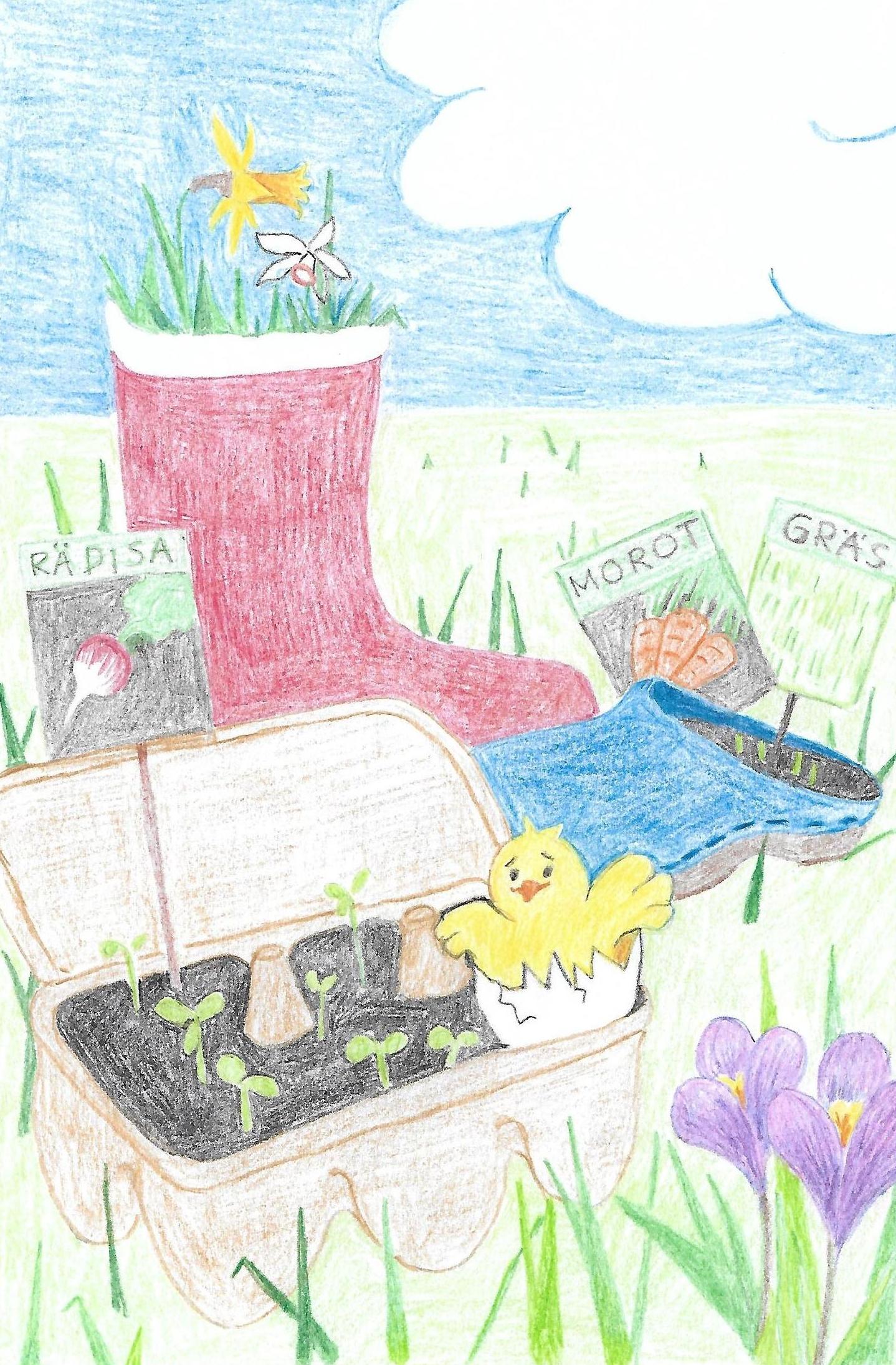 En tecknad bild med odling i äggkartong, skor och med fröpåsar.
