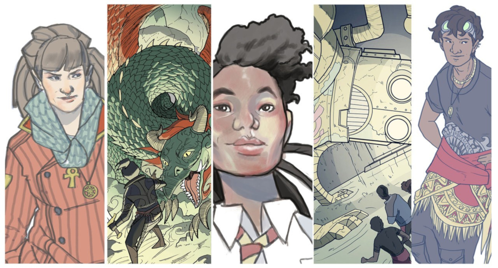 fem paneler som innehåller fem olika illustrationer: tre med närbilder på människor, en med en människa framför en drake, en med tre personer framför en stor robot.