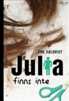 En bit av avklippt hår och en del av saxen syn på omslaget. Bokens titel "Julia finns inte"  har en symbol för människa, som är både man och kvinna, istället för i i Julia. 