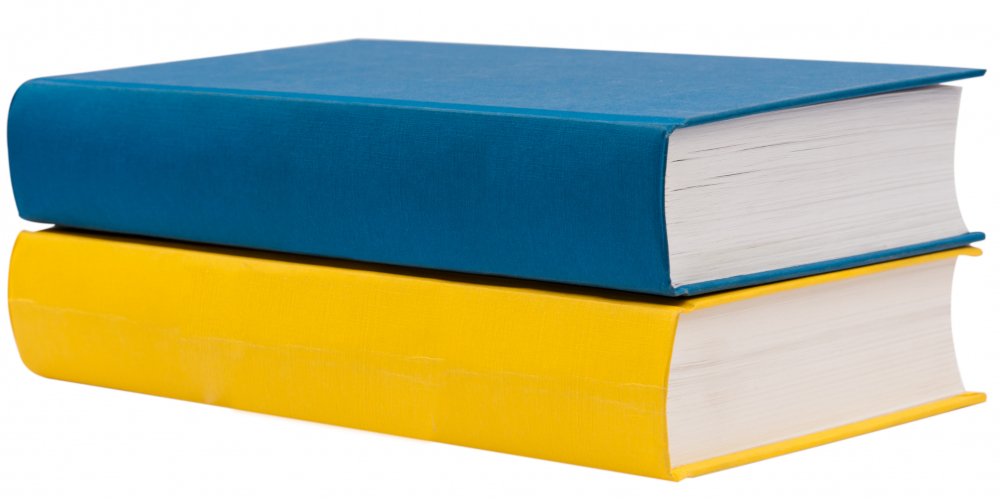 två böcker i den ukrainska flaggans färger ligger ovanpå varandra. Den nedersta boken är gul. Boken ovan är blå.